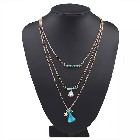 NEW!  Multi- layer gold turquoise tassel necklace
