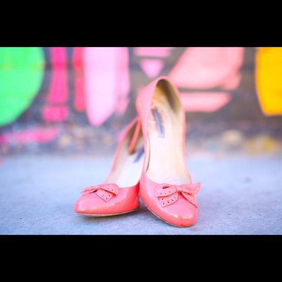 L. K. Bennett shell patent round toe pumps