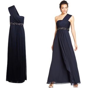 One-shoulder Empire waist chiffon gown