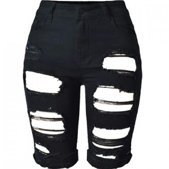 Black High Waist Destroyed Ripped Bermuda Shorts - Picture 2 of 4