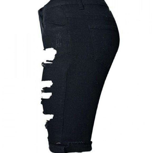 Black High Waist Destroyed Ripped Bermuda Shorts - Picture 3 of 4