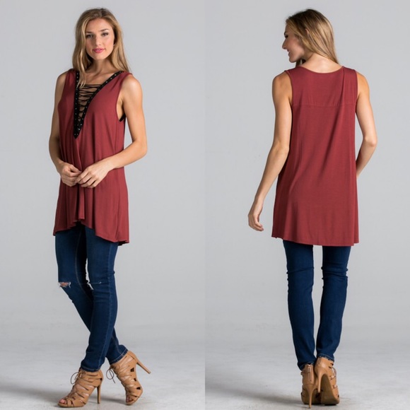 Sleeveless Lace Up Tank Tunic Top - Picture 2 of 4