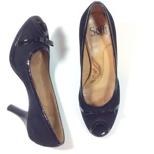 Sofft black suede peep toe pumps with bow detail