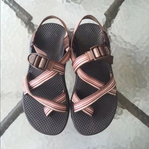 Brown and pink Chacos size 7