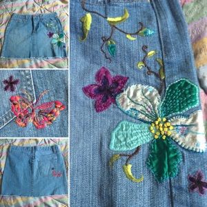 90s Vintage Gap Floral Embroidered Jean Skirt