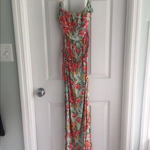 Strapless floral maxi dress with coral belt