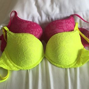 2 VS push up bras in pink and neon yellow lace 34C