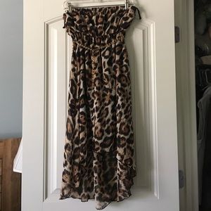 Strapless cheetah print high-low dress