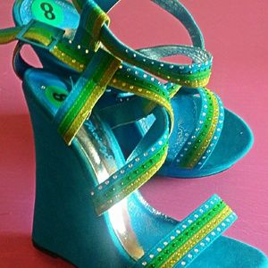 Green, Yellow, Diamonds Stripes, Teal Suede Wedge