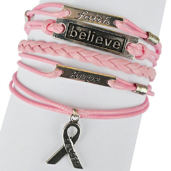 Pink " cancer awareness " braided leather bracelet