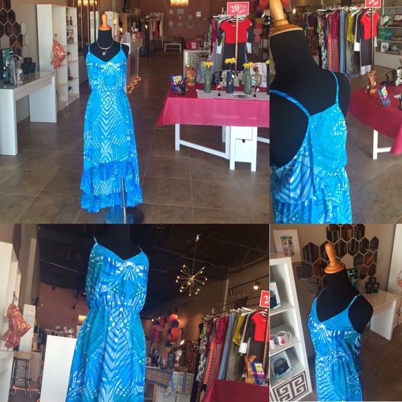 ADRIENNE HI-LO TROPICAL PRINT DRESS.