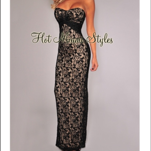 Floor length lace overlay gown.