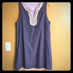 Mud Pie Women's chambray shift dress crochet trim