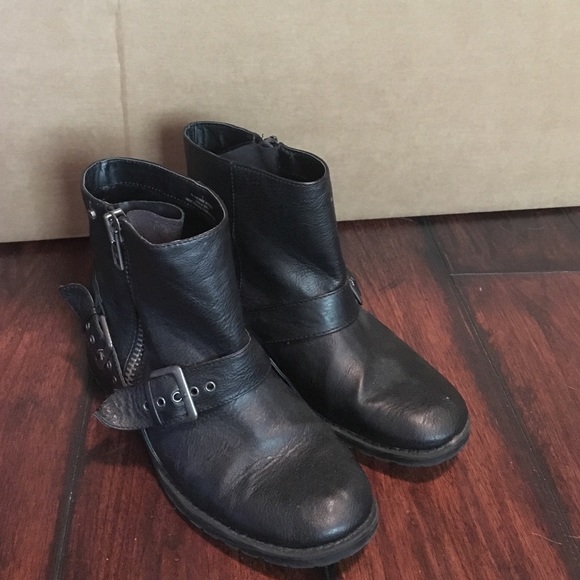 Black faux leather motorcycle ankle booties