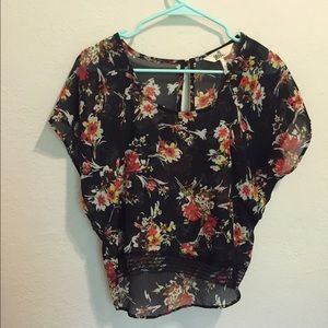 Size XS sheer black blouse with flower print