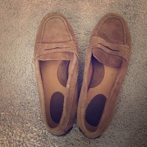 Tan, Faux Suede Loafers.