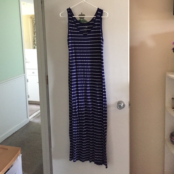 Navy blue and white striped maxi dress