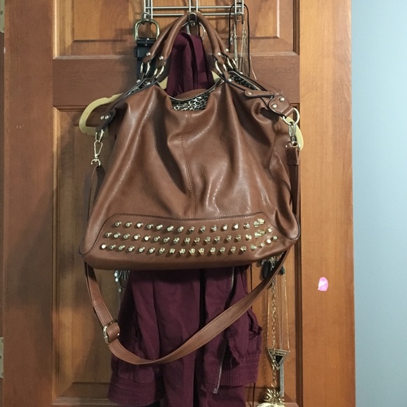 Large Brown Cross Body Statchel Studded Purse