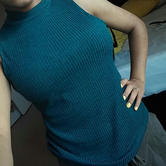 Teal turtle neck muscle tee
