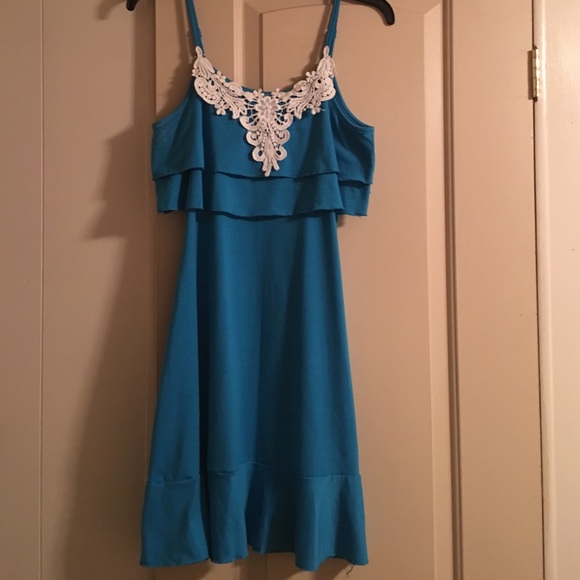Turquoise sundress. Lace neckline.