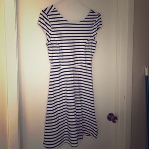Black white striped stretch skater dress scoopback
