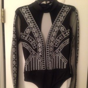 Fashion Nova Black Studded Mesh Bodysuit