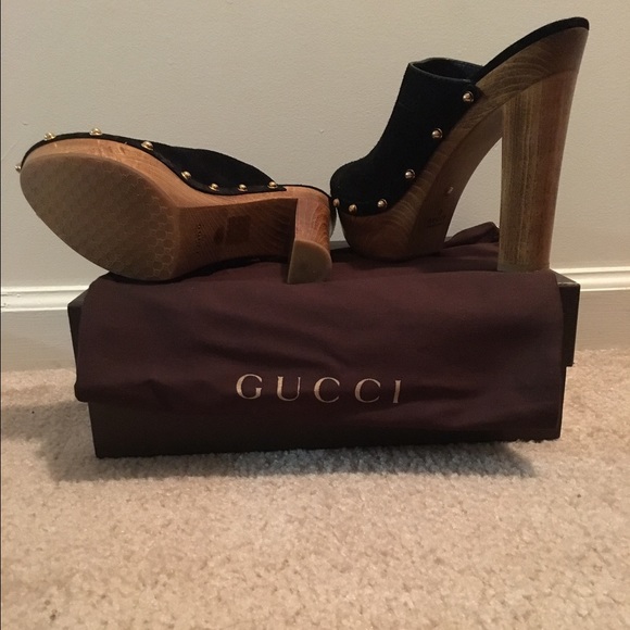 Black Suede Gold Studded Gucci Clogs - Picture 2 of 4