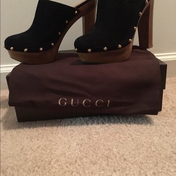 Black Suede Gold Studded Gucci Clogs - Picture 3 of 4