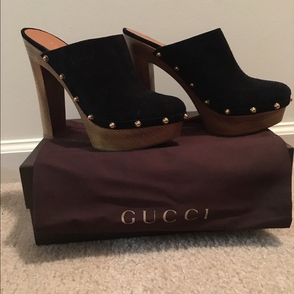 Black Suede Gold Studded Gucci Clogs - Picture 4 of 4