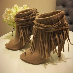 Tan Peep-toe Fringe Ankle Boots