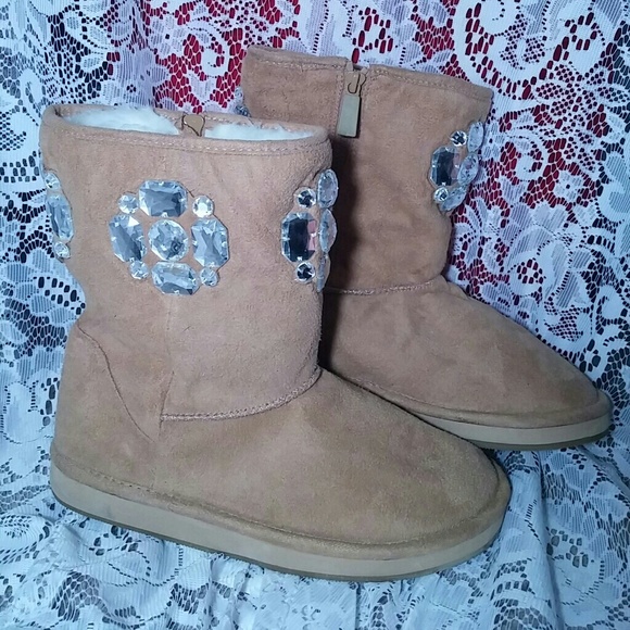 Tan Winter boots with rhinestone embellishments