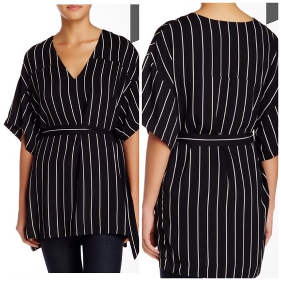 LUSH tie waist top black white stripe