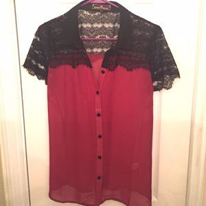 Red and black lace sheer top