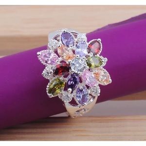 Multicolor Sapphire Flower Silver Cocktail Ring