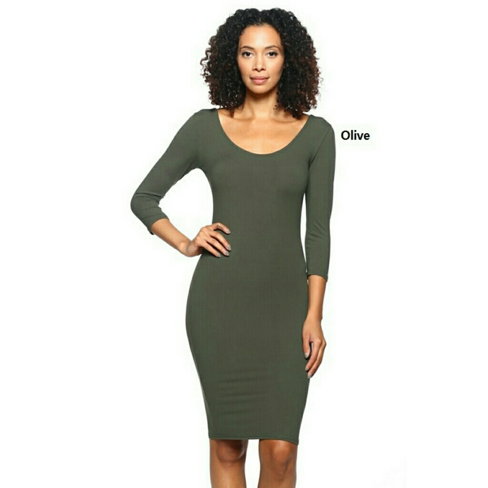 Olive 3/4 Scoop Neck Midi Dress