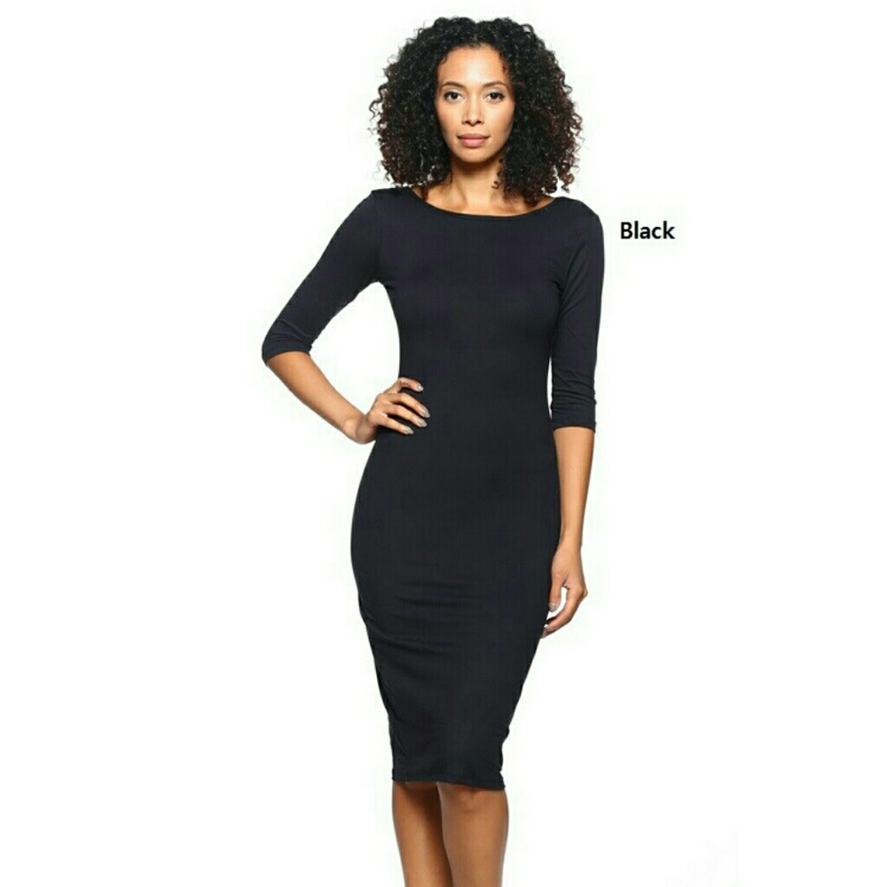 Black 3/4 Scoop Neck Midi Dress