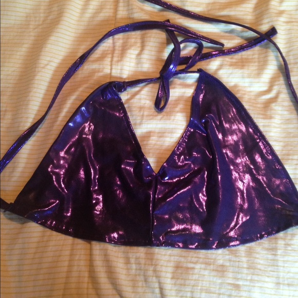 Tops - *SOLD* Purple Metallic Rave Halter Top
