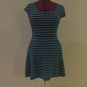 Striped navy, and aqua fit n' flare dress