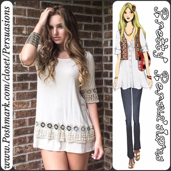 SOLD NWT Beige Crochet Border Trim Boho Tunic Top - Picture 2 of 4