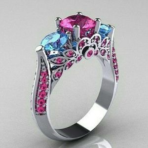 .925 Sterling Silver, Pink & Blue AAA Czs, size 7