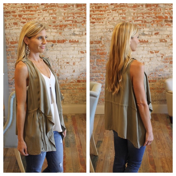 Olive draped front vest with adjustable waist tie - Picture 3 of 4