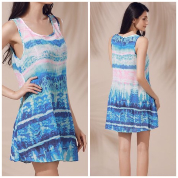 ❗️CLEARANCE ❗️Blue Watercolor Printed Sun Dress - Picture 2 of 4
