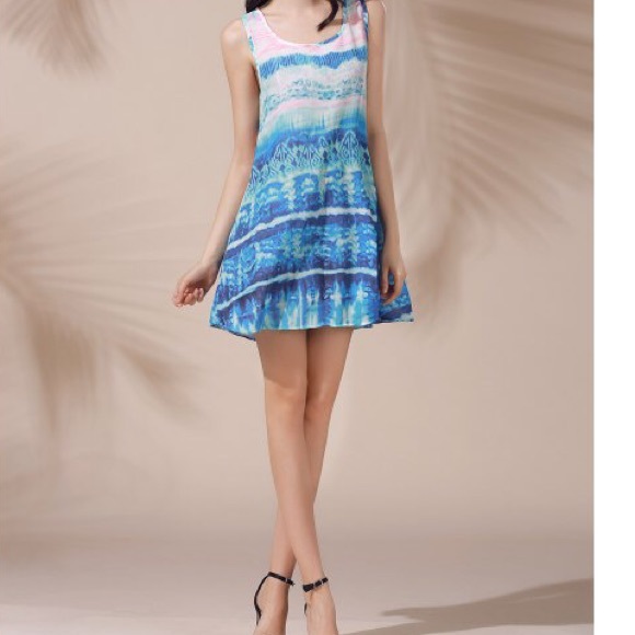 ❗️CLEARANCE ❗️Blue Watercolor Printed Sun Dress - Picture 3 of 4