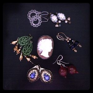 6 pairs dangle earrings and 1 real shell cameo