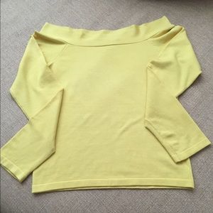 Yellow BCBG off shoulder sweater.
