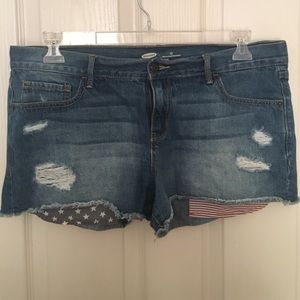 Denim cut off shorts with American flag pockets