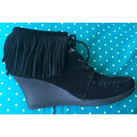 Minnetonka Lace-up Wedge Bootie with Fringe