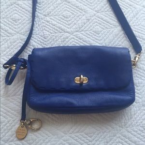 Hendri Bendel cyan blue leather cross body bag