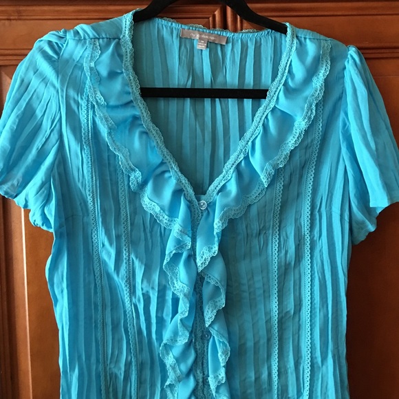 Light Turquoise Ruffled Button Down Blouse - image 2
