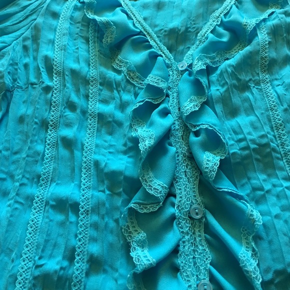 Light Turquoise Ruffled Button Down Blouse - image 3